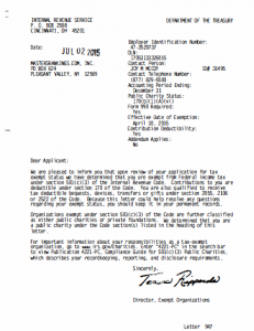 IRS letter to John Seto approving his site's nonprofit status.