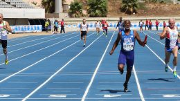 Charlie Allie anchors America's gold-medal M65 4x100 relay team at Malaga.