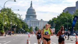 The nation's Capitol looms in background of Navy Mile, where Sonja set an age-group record.