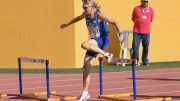 Tina Bowman (photographer not listed) took silver in the W65 long hurdles at Malaga worlds.