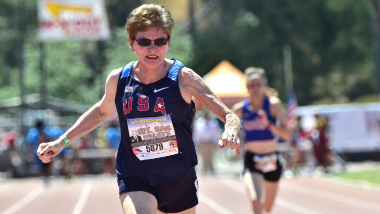 Kathy Bergen (shown at a Mt. SAC Relays) now has notched 22 world age-groups records.