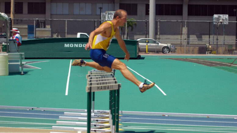 M60 hurdler Jeff Brower , shown at 2005 masters nationals in Hawaii, has cleared most bureaucratic barriers as well.