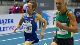 Gary Patton battled Kevin Solomon of Australia in the last few meters of the 3000 at 2019 Torun worlds, clocking 11:30.11 for M70 silver.
