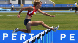 Rachel on way to 11.42 hurdles gold at 2016 Perth worlds.